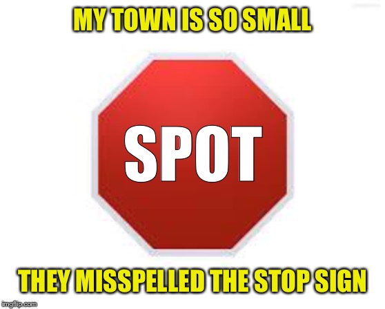 Small Town Problems | MY TOWN IS SO SMALL; SPOT; THEY MISSPELLED THE STOP SIGN | image tagged in stop sign,misspelled,small town | made w/ Imgflip meme maker