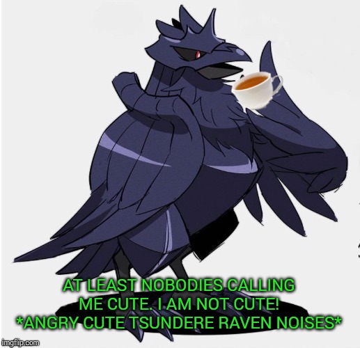 The_Tea_Drinking_Corviknight | AT LEAST NOBODIES CALLING ME CUTE. I AM NOT CUTE! *ANGRY CUTE TSUNDERE RAVEN NOISES* | image tagged in the_tea_drinking_corviknight | made w/ Imgflip meme maker
