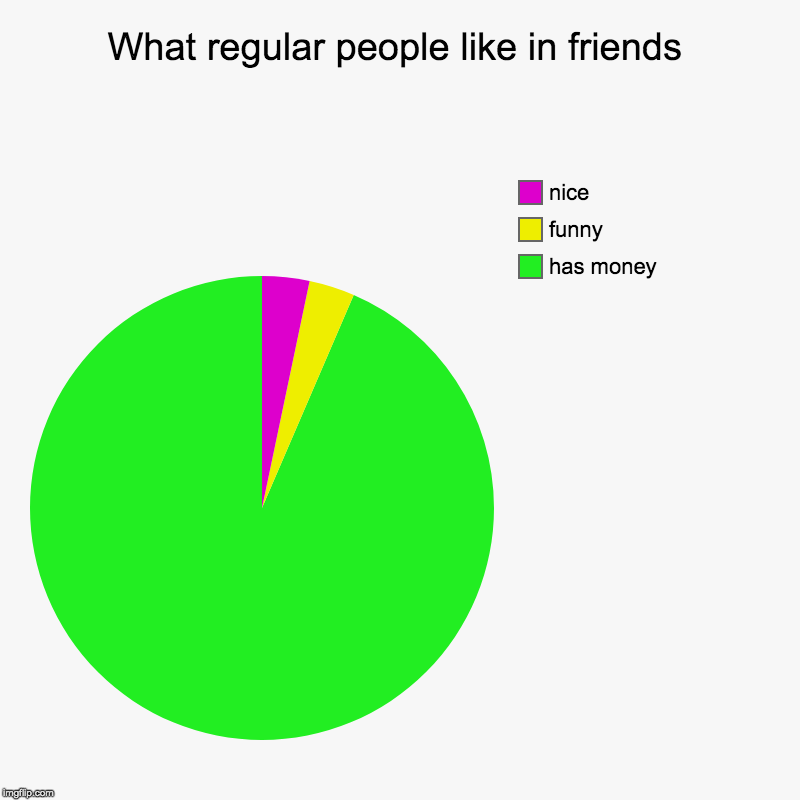 Friend Chart | What regular people like in friends | has money, funny, nice | image tagged in charts,pie charts,friends,memes | made w/ Imgflip chart maker