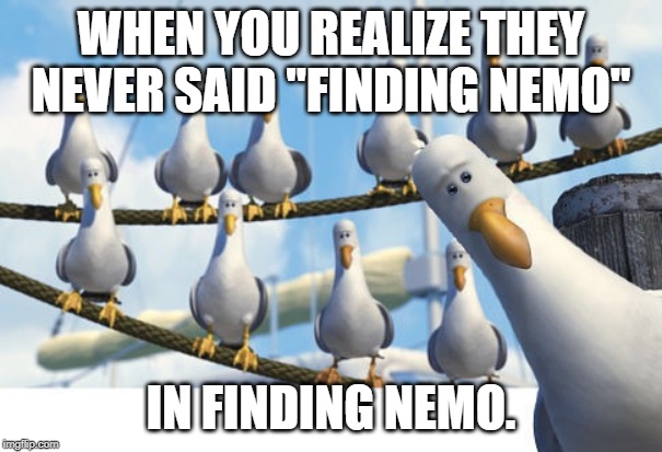 Finding Nemo Seagulls | WHEN YOU REALIZE THEY NEVER SAID "FINDING NEMO"; IN FINDING NEMO. | image tagged in finding nemo seagulls | made w/ Imgflip meme maker