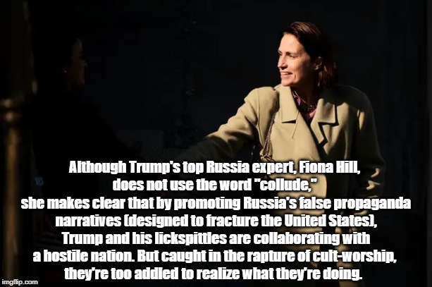 Although Trump's top Russia expert, Fiona Hill, 
does not use the word "collude," 
she makes clear that by promoting Russia's false propagan | made w/ Imgflip meme maker