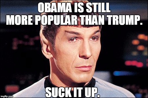 Condescending Spock | OBAMA IS STILL MORE POPULAR THAN TRUMP. SUCK IT UP. | image tagged in condescending spock | made w/ Imgflip meme maker