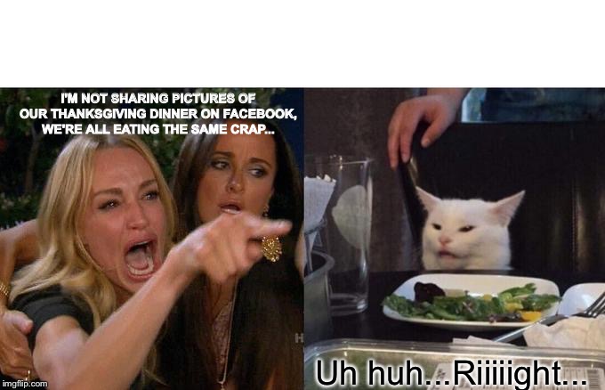 Woman Yelling At Cat Meme | I'M NOT SHARING PICTURES OF OUR THANKSGIVING DINNER ON FACEBOOK, WE'RE ALL EATING THE SAME CRAP... Uh huh...Riiiiight... | image tagged in memes,woman yelling at cat | made w/ Imgflip meme maker