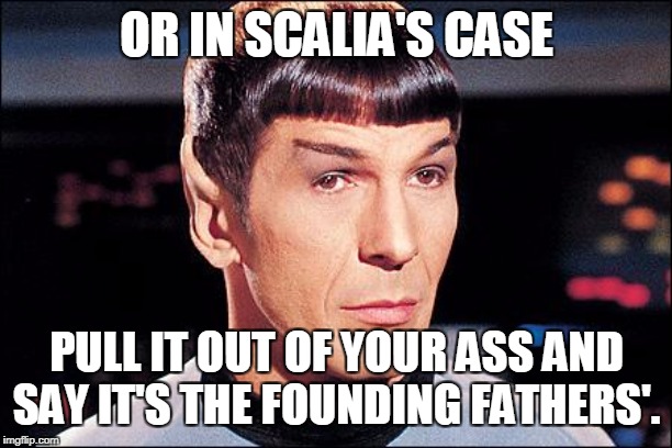 Condescending Spock | OR IN SCALIA'S CASE PULL IT OUT OF YOUR ASS AND SAY IT'S THE FOUNDING FATHERS'. | image tagged in condescending spock | made w/ Imgflip meme maker