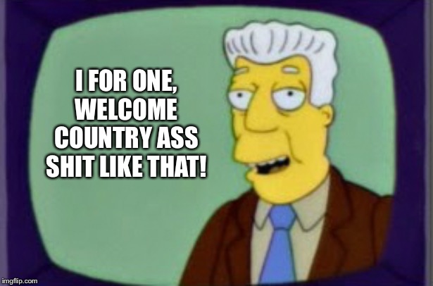 Simpsons I for one Welcome | I FOR ONE, WELCOME COUNTRY ASS SHIT LIKE THAT! | image tagged in simpsons i for one welcome | made w/ Imgflip meme maker