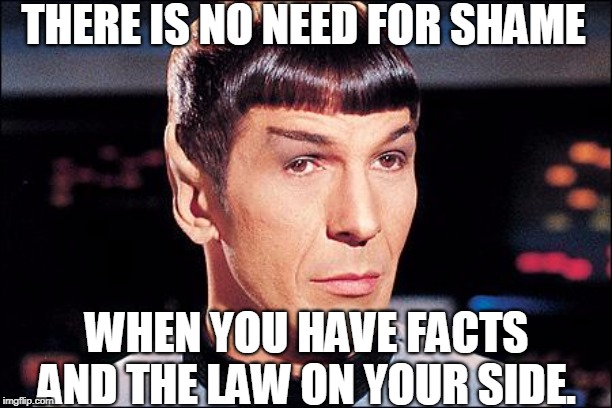 Condescending Spock | THERE IS NO NEED FOR SHAME WHEN YOU HAVE FACTS AND THE LAW ON YOUR SIDE. | image tagged in condescending spock | made w/ Imgflip meme maker