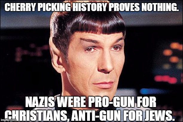 Condescending Spock | CHERRY PICKING HISTORY PROVES NOTHING. NAZIS WERE PRO-GUN FOR CHRISTIANS, ANTI-GUN FOR JEWS. | image tagged in condescending spock | made w/ Imgflip meme maker