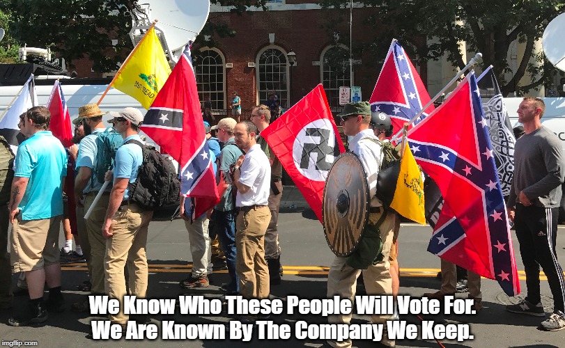 "We Know Who These People Vote For" | We Know Who These People Will Vote For.
We Are Known By The Company We Keep. | image tagged in the company we keep,racists,neonazis,trump,trumpistas,malignant messiah | made w/ Imgflip meme maker
