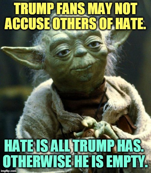 He's got nothing else. | TRUMP FANS MAY NOT ACCUSE OTHERS OF HATE. HATE IS ALL TRUMP HAS. 
OTHERWISE HE IS EMPTY. | image tagged in memes,star wars yoda,trump,hate,hatred,empty | made w/ Imgflip meme maker