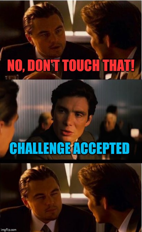Inception Meme | NO, DON'T TOUCH THAT! CHALLENGE ACCEPTED | image tagged in memes,inception | made w/ Imgflip meme maker