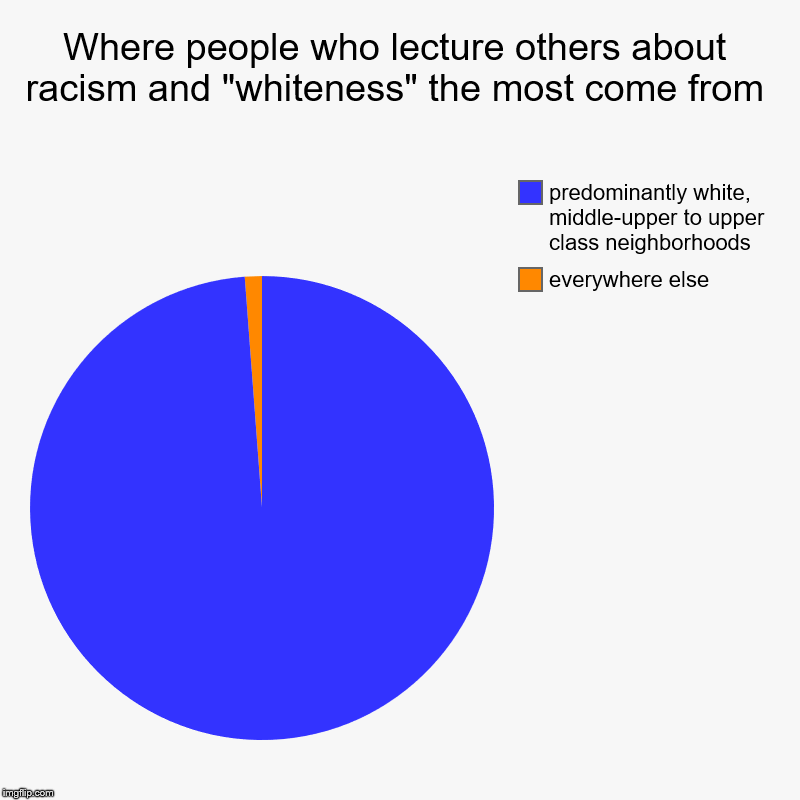 Lecturing from white suburbia | Where people who lecture others about racism and "whiteness" the most come from | everywhere else, predominantly white, middle-upper to uppe | image tagged in charts,pie charts,racism | made w/ Imgflip chart maker