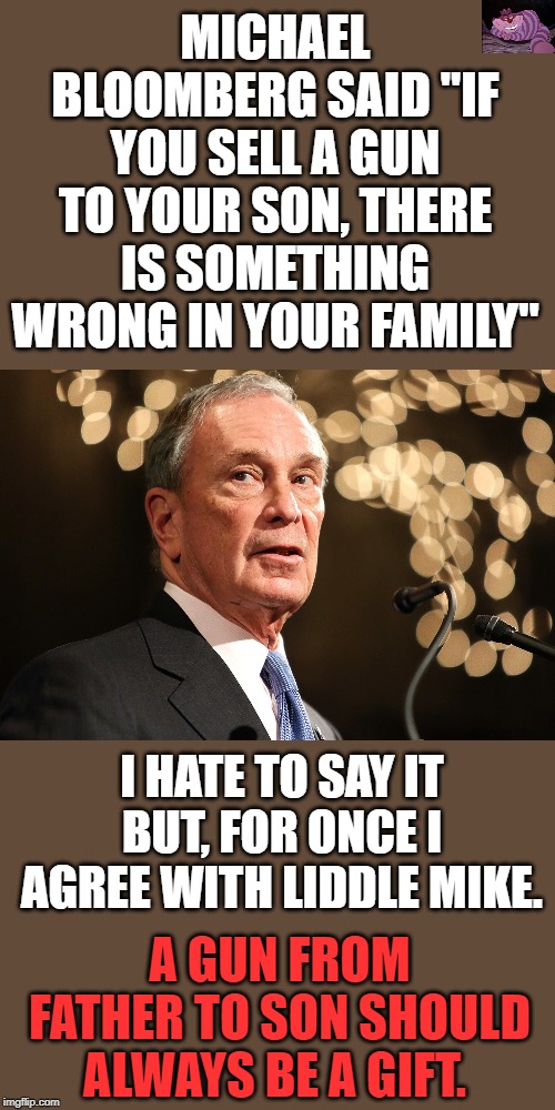 Sometimes even Bloomberg is correct. | MICHAEL BLOOMBERG SAID "IF YOU SELL A GUN TO YOUR SON, THERE IS SOMETHING WRONG IN YOUR FAMILY"; I HATE TO SAY IT BUT, FOR ONCE I AGREE WITH LIDDLE MIKE. A GUN FROM FATHER TO SON SHOULD ALWAYS BE A GIFT. | image tagged in michael bloomberg | made w/ Imgflip meme maker