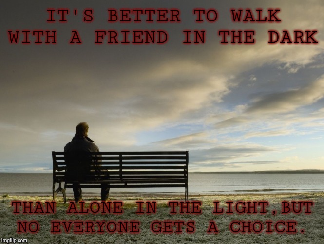 November 24 | IT'S BETTER TO WALK WITH A FRIEND IN THE DARK; THAN ALONE IN THE LIGHT,BUT NO EVERYONE GETS A CHOICE. | image tagged in alone | made w/ Imgflip meme maker