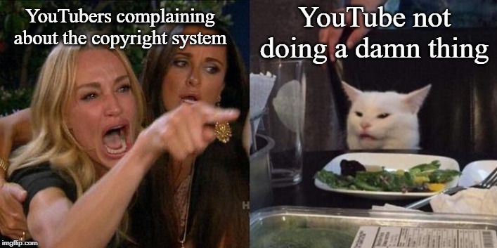 YouTubers can relate... | YouTube not doing a damn thing; YouTubers complaining about the copyright system | image tagged in girl yelling at cat,youtube,so true memes,copyright | made w/ Imgflip meme maker