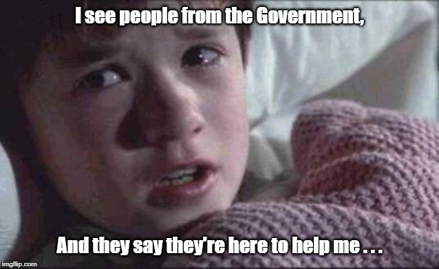 I See Government People . . . | I see people from the Government, And they say they're here to help me . . . | image tagged in memes,i see dead people,government,politicians,congress,msm | made w/ Imgflip meme maker