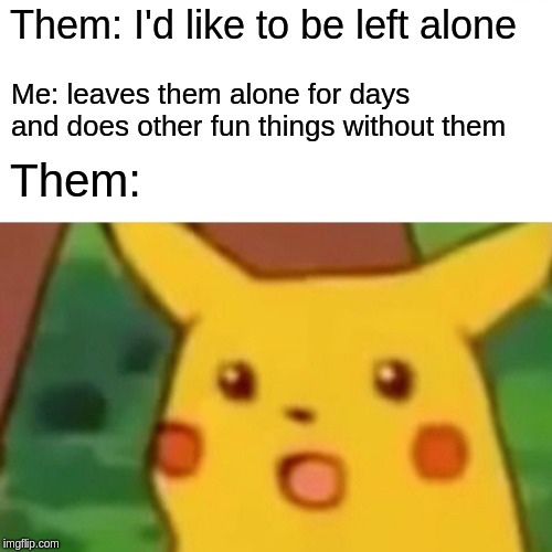 Surprised Pikachu | Them: I'd like to be left alone; Me: leaves them alone for days and does other fun things without them; Them: | image tagged in memes,surprised pikachu | made w/ Imgflip meme maker