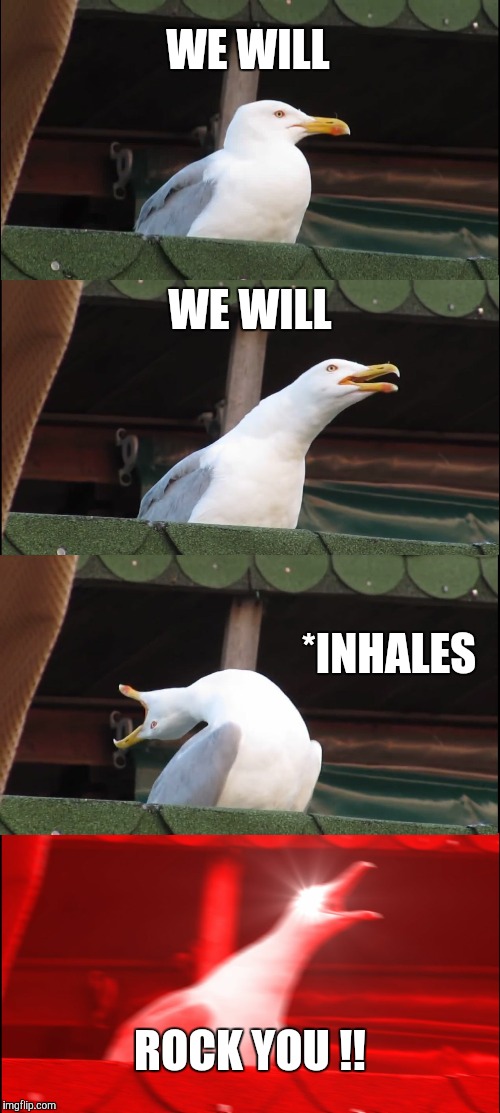 Inhaling Seagull Meme | WE WILL; WE WILL; *INHALES; ROCK YOU !! | image tagged in memes,inhaling seagull | made w/ Imgflip meme maker