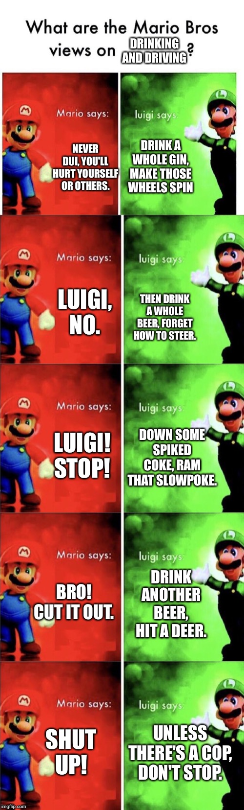 Mario, you joy-killer. |  DRINKING AND DRIVING; DRINK A WHOLE GIN, MAKE THOSE WHEELS SPIN; NEVER DUI, YOU'LL HURT YOURSELF OR OTHERS. THEN DRINK A WHOLE BEER, FORGET HOW TO STEER. LUIGI, NO. DOWN SOME SPIKED COKE, RAM THAT SLOWPOKE. LUIGI! STOP! DRINK ANOTHER BEER, HIT A DEER. BRO! CUT IT OUT. SHUT UP! UNLESS THERE'S A COP, DON'T STOP. | image tagged in mario bros views,drunk driving,memes,super mario bros,funny,drunk | made w/ Imgflip meme maker