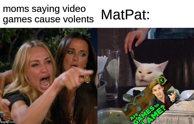 Woman Yelling At Cat Meme | moms saying video games cause volents; MatPat: | image tagged in memes,woman yelling at cat | made w/ Imgflip meme maker