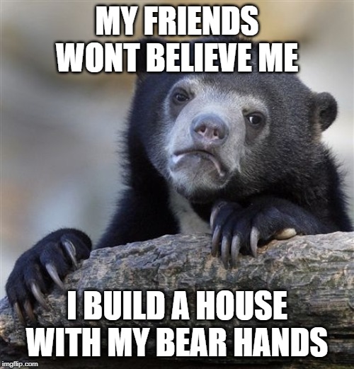 Confession Bear Meme | MY FRIENDS WONT BELIEVE ME; I BUILD A HOUSE WITH MY BEAR HANDS | image tagged in memes,confession bear | made w/ Imgflip meme maker