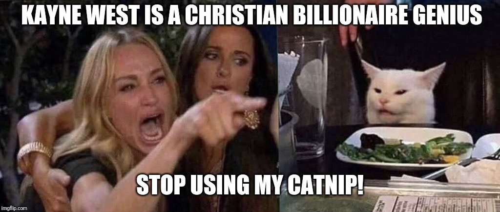 woman yelling at cat | KAYNE WEST IS A CHRISTIAN BILLIONAIRE GENIUS; STOP USING MY CATNIP! | image tagged in woman yelling at cat | made w/ Imgflip meme maker