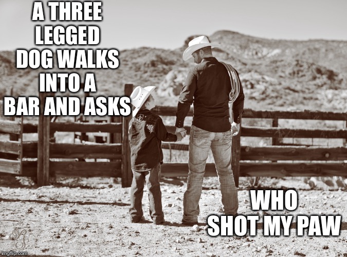 cowboy father and son | A THREE LEGGED DOG WALKS INTO A BAR AND ASKS; WHO SHOT MY PAW | image tagged in cowboy father and son | made w/ Imgflip meme maker