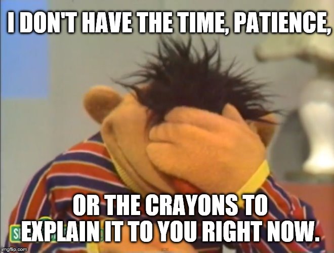 Based on another meme I saw. | I DON'T HAVE THE TIME, PATIENCE, OR THE CRAYONS TO EXPLAIN IT TO YOU RIGHT NOW. | image tagged in face palm ernie | made w/ Imgflip meme maker