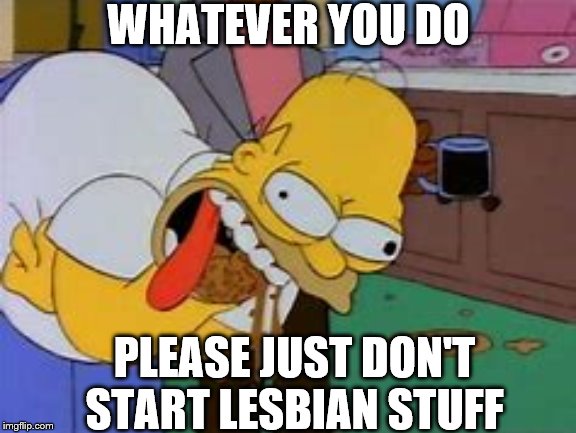 Homer Simpson Barf | WHATEVER YOU DO PLEASE JUST DON'T START LESBIAN STUFF | image tagged in homer simpson barf | made w/ Imgflip meme maker
