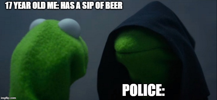 Evil Kermit Meme | 17 YEAR OLD ME: HAS A SIP OF BEER; POLICE: | image tagged in memes,evil kermit | made w/ Imgflip meme maker