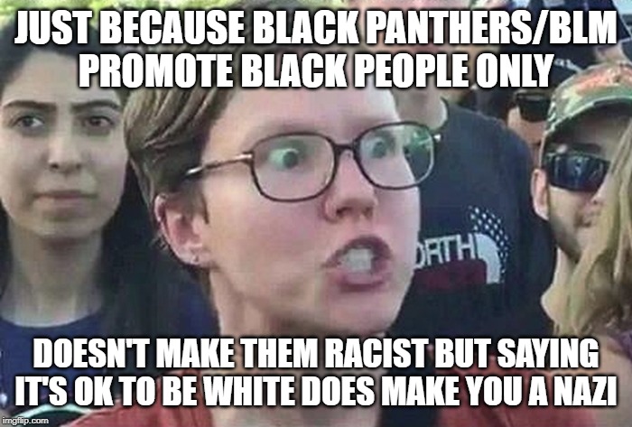 And let's just forget about the crazy disproportional statistics of black on white crime/rape | JUST BECAUSE BLACK PANTHERS/BLM PROMOTE BLACK PEOPLE ONLY; DOESN'T MAKE THEM RACIST BUT SAYING IT'S OK TO BE WHITE DOES MAKE YOU A NAZI | image tagged in triggered liberal | made w/ Imgflip meme maker