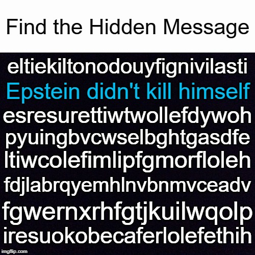 Pretty hard, I know. | Find the Hidden Message; eltiekiltonodouyfignivilasti; Epstein didn't kill himself; esresurettiwtwollefdywoh; pyuingbvcwselbghtgasdfe; ltiwcolefimlipfgmorfloleh; fdjlabrqyemhlnvbnmvceadv; fgwernxrhfgtjkuilwqolp; iresuokobecaferlolefethih | image tagged in black screen,jeffrey epstein,memes | made w/ Imgflip meme maker