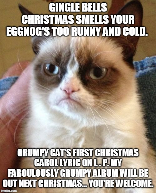 Grumpy Cat Meme | GINGLE BELLS CHRISTMAS SMELLS YOUR EGGNOG'S TOO RUNNY AND COLD. GRUMPY CAT'S FIRST CHRISTMAS CAROL LYRIC ON L . P. MY FABOULOUSLY GRUMPY ALBUM WILL BE OUT NEXT CHRISTMAS... YOU'RE WELCOME. | image tagged in memes,grumpy cat | made w/ Imgflip meme maker