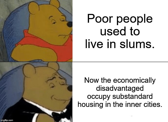 Tuxedo Winnie The Pooh Meme | Poor people used to live in slums. Now the economically disadvantaged occupy substandard housing in the inner cities. | image tagged in memes,tuxedo winnie the pooh | made w/ Imgflip meme maker