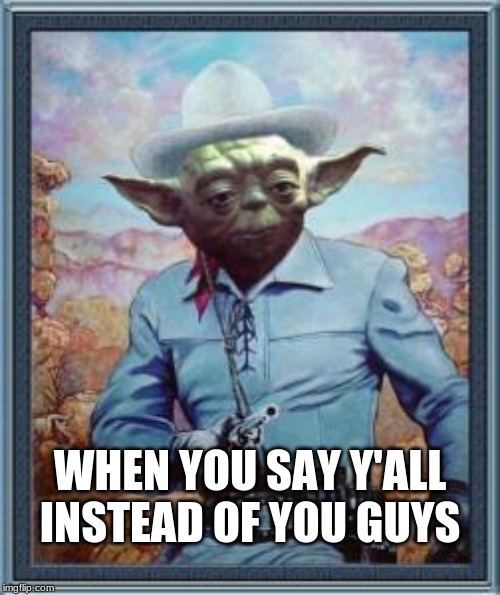 Cowboy Yoda | WHEN YOU SAY Y'ALL INSTEAD OF YOU GUYS | image tagged in cowboy yoda | made w/ Imgflip meme maker