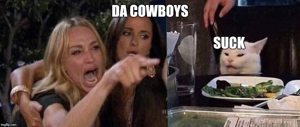 woman yelling at cat | DA COWBOYS; SUCK | image tagged in woman yelling at cat | made w/ Imgflip meme maker