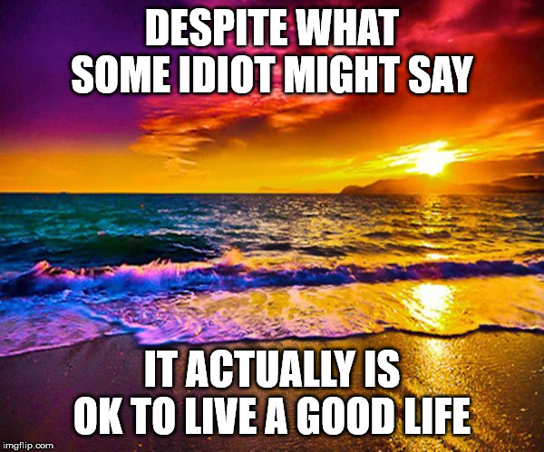Beautiful Sunset | DESPITE WHAT SOME IDIOT MIGHT SAY; IT ACTUALLY IS OK TO LIVE A GOOD LIFE | image tagged in beautiful sunset | made w/ Imgflip meme maker