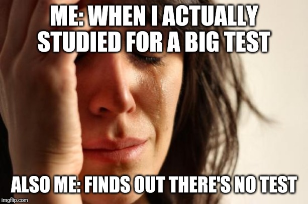 First World Problems Meme | ME: WHEN I ACTUALLY STUDIED FOR A BIG TEST; ALSO ME: FINDS OUT THERE'S NO TEST | image tagged in memes,first world problems | made w/ Imgflip meme maker