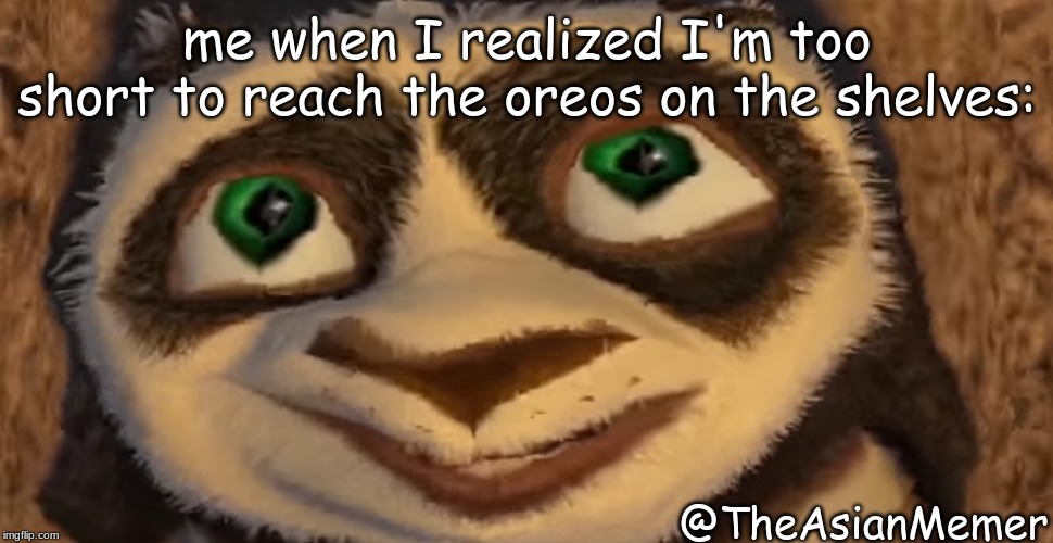 Uh Oh | me when I realized I'm too short to reach the oreos on the shelves:; @TheAsianMemer | image tagged in kung fu fighting po | made w/ Imgflip meme maker