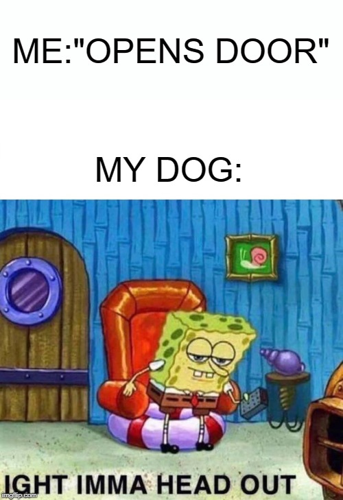 Spongebob Ight Imma Head Out Meme | ME:"OPENS DOOR"; MY DOG: | image tagged in memes,spongebob ight imma head out | made w/ Imgflip meme maker