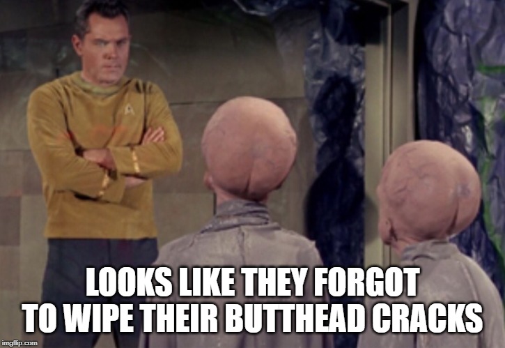Talosian First World Problems | LOOKS LIKE THEY FORGOT TO WIPE THEIR BUTTHEAD CRACKS | image tagged in star trek aliens | made w/ Imgflip meme maker