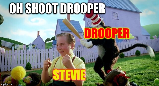 Cat & The Hat | OH SHOOT DROOPER; DROOPER; STEVIE | image tagged in cat  the hat | made w/ Imgflip meme maker