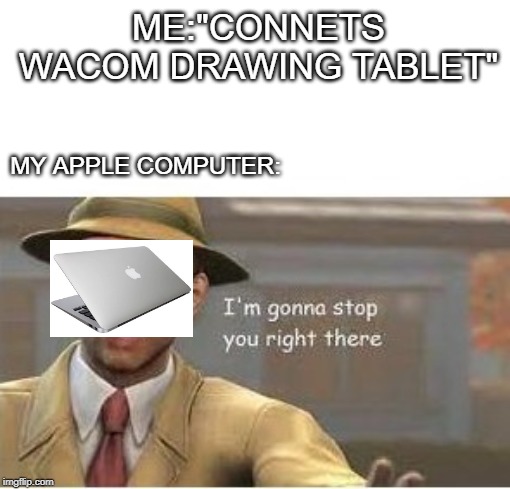im going to stop you right there | ME:"CONNETS WACOM DRAWING TABLET"; MY APPLE COMPUTER: | image tagged in im going to stop you right there | made w/ Imgflip meme maker