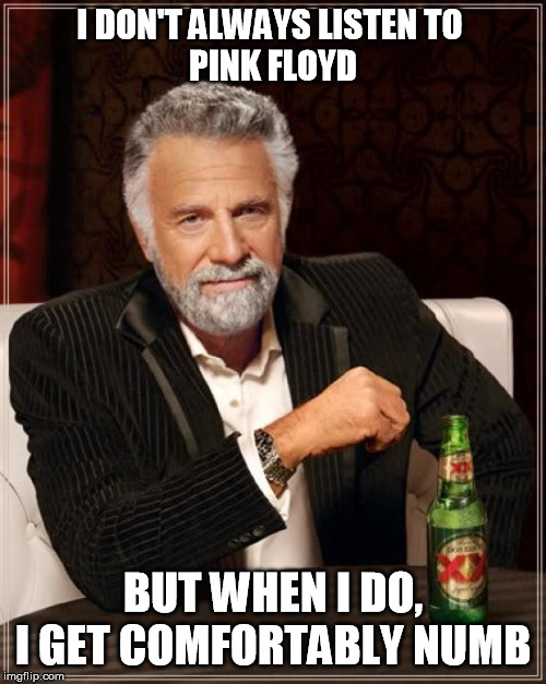 The Most Interesting Man In The World | I DON'T ALWAYS LISTEN TO 
PINK FLOYD; BUT WHEN I DO,
I GET COMFORTABLY NUMB | image tagged in memes,the most interesting man in the world | made w/ Imgflip meme maker