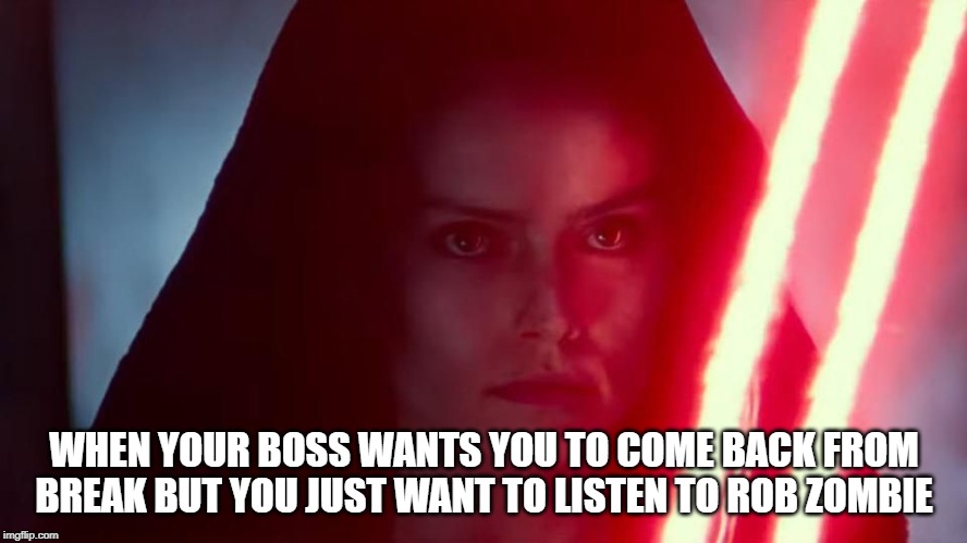 WHEN YOUR BOSS WANTS YOU TO COME BACK FROM BREAK BUT YOU JUST WANT TO LISTEN TO ROB ZOMBIE | image tagged in starwars | made w/ Imgflip meme maker