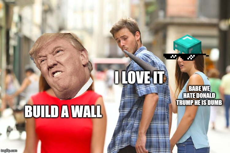 Distracted Boyfriend | I LOVE IT; BABE WE HATE DONALD TRUMP HE IS DUMB; BUILD A WALL | image tagged in memes,distracted boyfriend | made w/ Imgflip meme maker