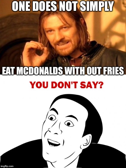 ONE DOES NOT SIMPLY; EAT MCDONALDS WITH OUT FRIES | image tagged in memes,one does not simply,you don't say | made w/ Imgflip meme maker