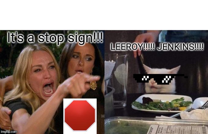Woman Yelling At Cat Meme | It's a stop sign!!! LEEROY!!!!! JENKINS!!!! | image tagged in memes,woman yelling at cat | made w/ Imgflip meme maker