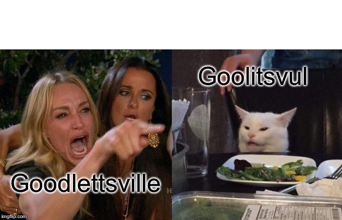 Woman Yelling At Cat Meme | Goolitsvul; Goodlettsville | image tagged in memes,woman yelling at cat | made w/ Imgflip meme maker