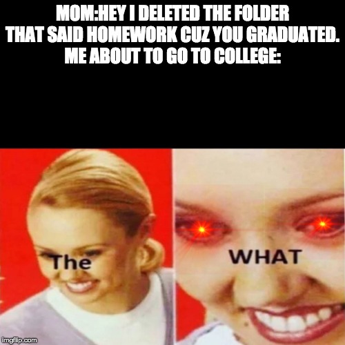 The What | MOM:HEY I DELETED THE FOLDER THAT SAID HOMEWORK CUZ YOU GRADUATED.
ME ABOUT TO GO TO COLLEGE: | image tagged in the what | made w/ Imgflip meme maker