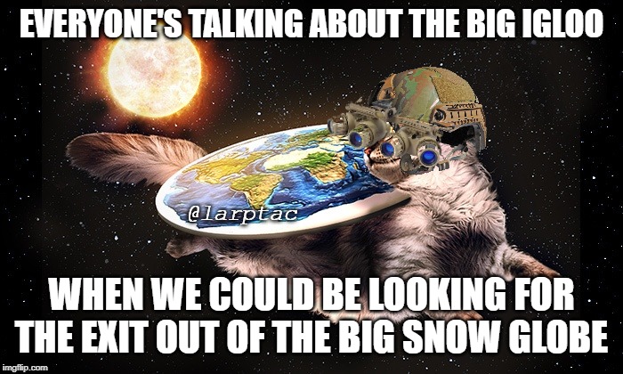 Flat Earth Cat | EVERYONE'S TALKING ABOUT THE BIG IGLOO; @larptac; WHEN WE COULD BE LOOKING FOR THE EXIT OUT OF THE BIG SNOW GLOBE | image tagged in flat earth cat | made w/ Imgflip meme maker